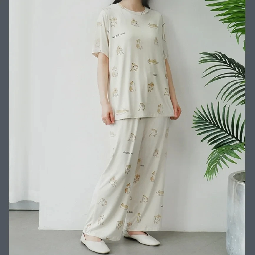 

T-shirt Trousers Dress Sleepwear Short Set Room Wear Pique Summer Women's Pajama Bottoms Shiba Inu Printed Modal Cotton