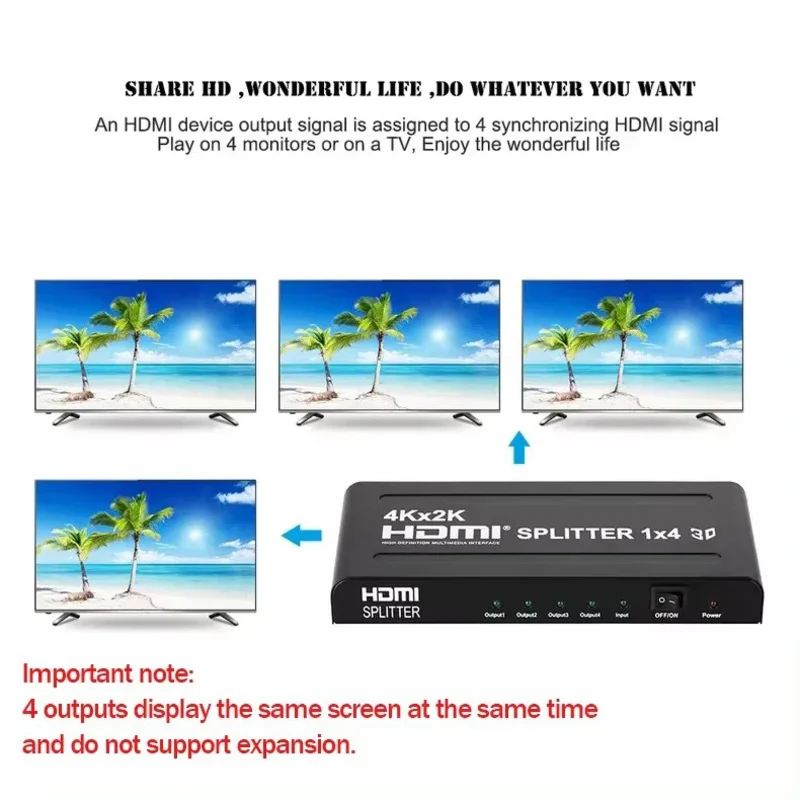 Фото HDMI-сплиттер 4K 1x4: распределитель видео HDMI, конвертер 1 вход на 4 выхода, дублирование изображения на 4 экрана для ПК, PS3/4, HDTV, проектора №3