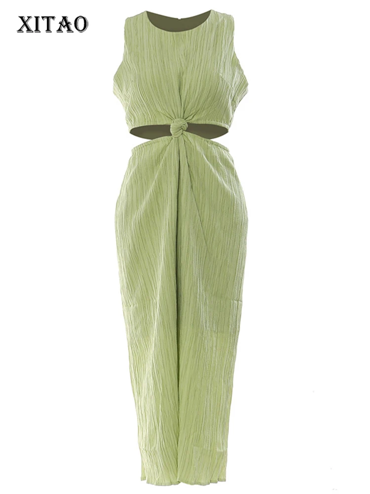 

XITAO, Открытое платье, Раздельный пуловер без рукавов, в стиле пэчворк, маленький свежий пуловер, однотонное элегантное платье, WLD11086