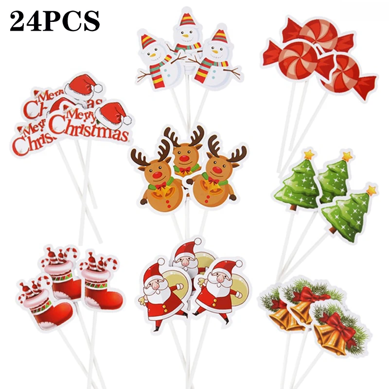 

24pcs/set Christmas Cupcake Wrapper Santa Claus Deer Paper Cake Topper Xmas New Year Party Cake Decorations Packaging Supplies