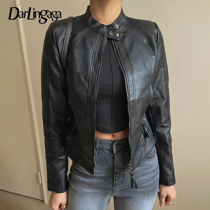 

Darlingaga Fashion Black Basic Autumn Leather Jacket Women Motorcycle Streetwear Chic Zip Up Coat Cropped Outerwear Cool Jackets