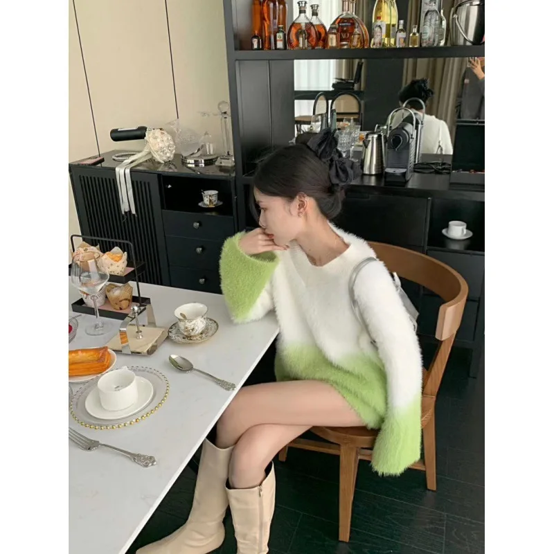 Gentle Wind Mohair Knit Sweater Women 2022Autumn and Winter New Tie-Dye Underwear Missing Outside The Sweater Soft Glutinous Top