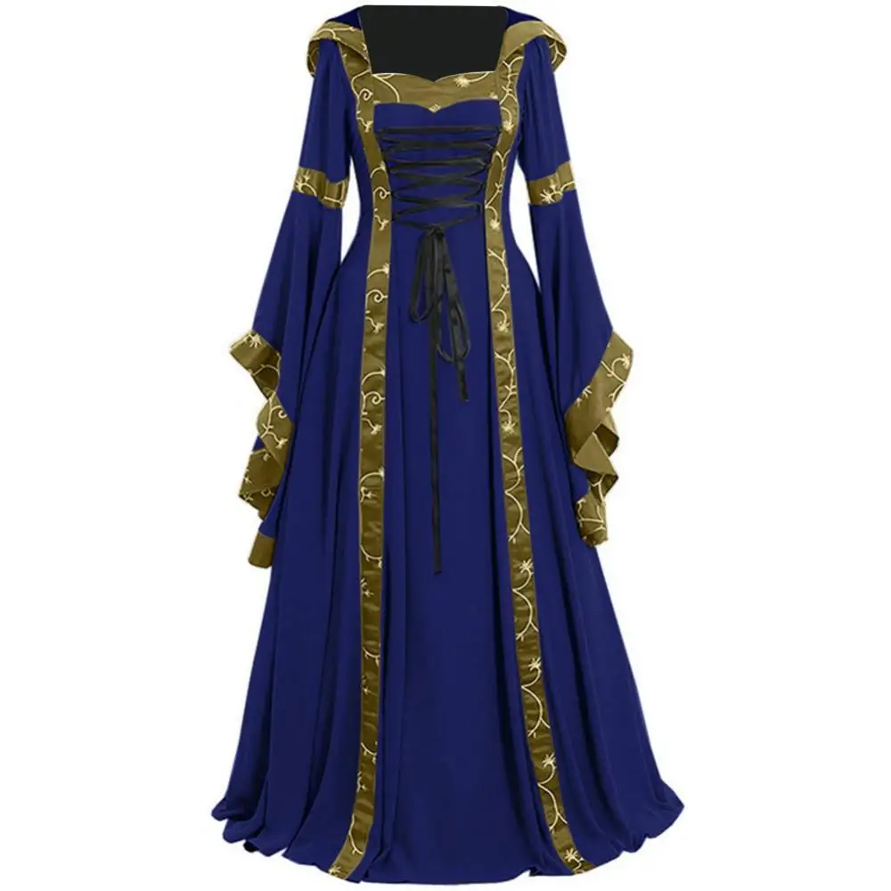 

Classic Dress Women Medieval Vintage Retro Belted Dress Long Sleeve Ronud Neck Floor Length Lace Up Fit Slim Female Dresses