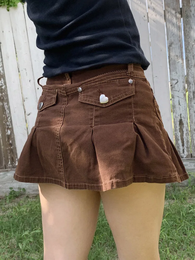 Retro Pleated Mini Denim Skirt Women High Waist A Line Brown Micro Skirt Femme Girls Hot Jeans Skirts Grunge Bottom Iamhotty