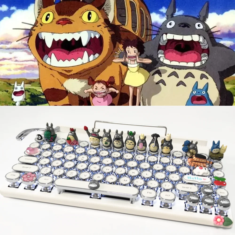 

Manual Anime Totoro Typewriter Mechanical Keyboard Blue Switch Hot-Plug Bluetooth Wireless Dual-Mode White Light for Phone Ipad