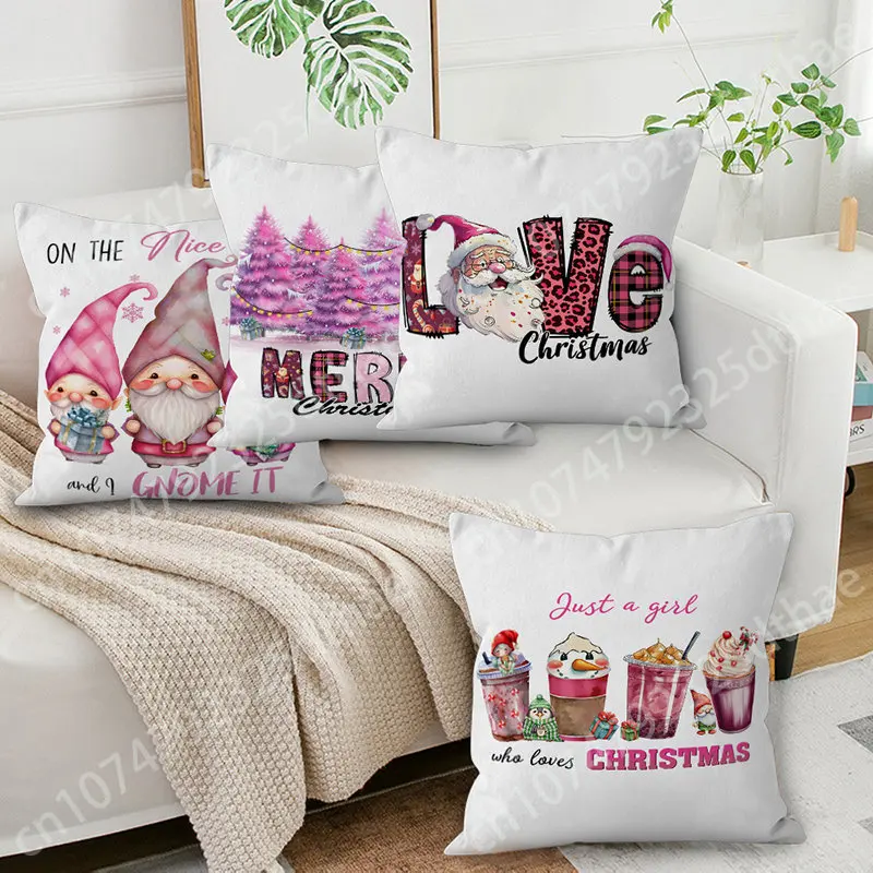 

Cute Pink Christmas Printed 45x45cm Pillow Case Polyester Cover Square Peach Skin Custom Cushion Covers for Bedroom Decorative