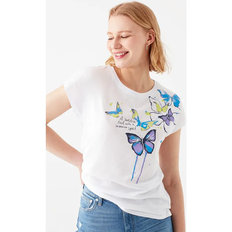 

Women's Butterfly Printed White T-Shirt 1600835-620 T Shirt Y2K Top Nostalgic Summer Women T-Shirt Anime Bluz
