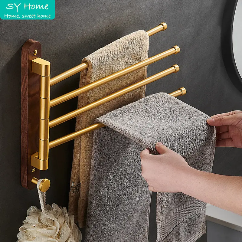 

Поворотная вешалка для полотенец из матового золота, деревянная вешалка для полотенец, настенная складная вешалка для полотенец в ванную комнату, держатель для полотенец