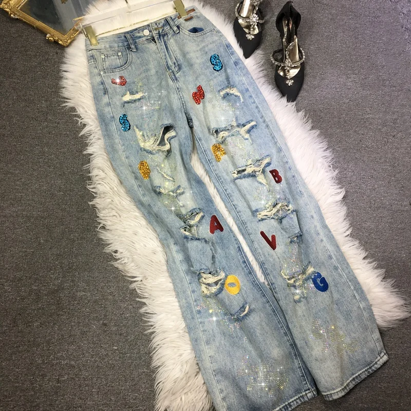 High Quality Hot Drilling Female Jeans 2023 New Summer Light Blue Hole Wide Leg Pants All-match Long Denim Trousers Streetwear