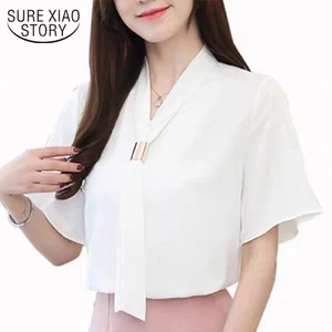Top Women Korean Style Chiffon Woman's Blouse Short-Sleeved Slim Elegant Womens Tops and Blouses Women's White Shirt 8908 50
