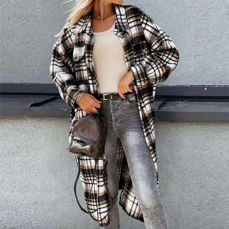 

Winter Casual Turn-down Collar Wool Coat Women Autumn Long Sleeve Loose Outwear Tops Fashion Plaid Lady Irregular Shirt Jackets
