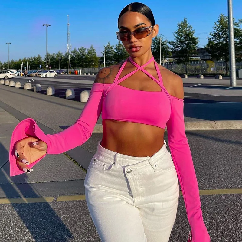 

2023 Halter Neck Bandage Cropped Top Women Backless Long Sleeve Sexy T Shirts Casual Basic Solid Color Short Famale Tops