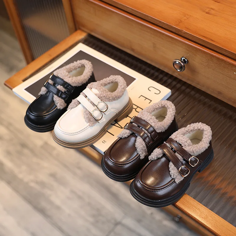 

Children's Plush Leather Shoes 2022 Winter New Korean Style Boys' Thin Cotton Soft Soled Warm Double Buckle Girls' Warm Shoes
