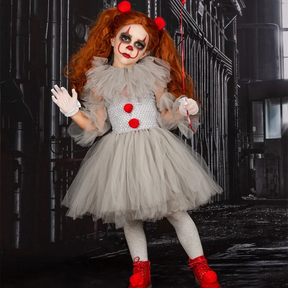 

Halloween Costume Tutu Dress Creepy Clown Kids Carnival Cosplay Gray Pennywise Girls Clothing Children Tulle Fancy Dress Up