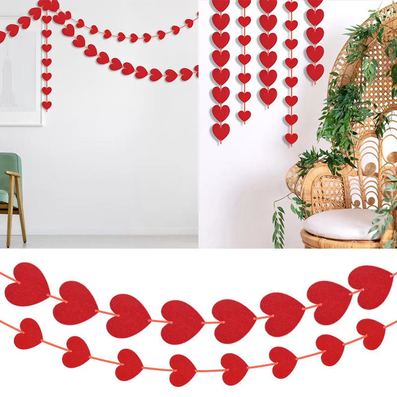 

5set Red Heart Banner Garland DIY Non-woven Love Curtain Valentines Day Wedding Decoration Hanging String Bridal Shower Supplies