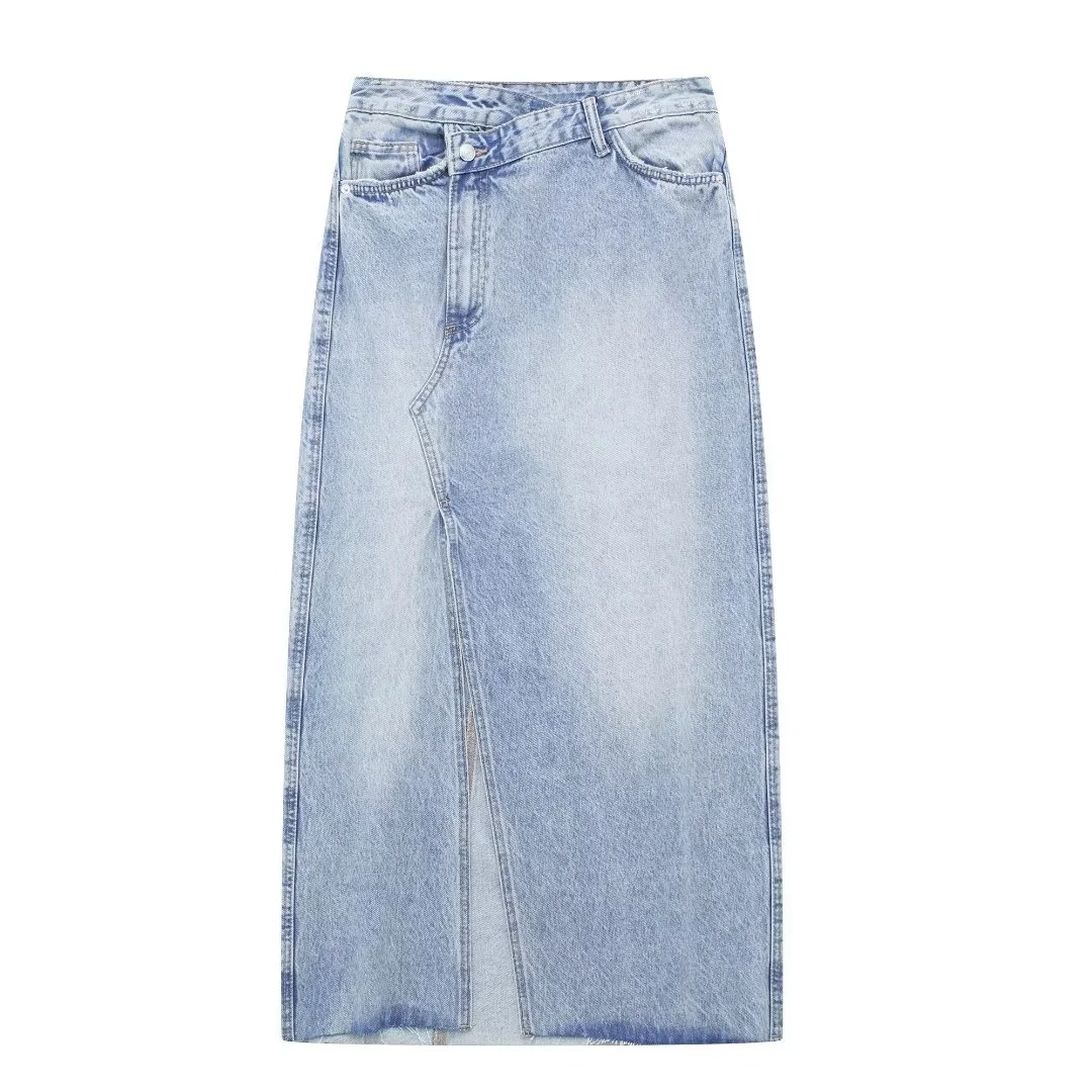 

Denim Midi Skirt Women Fashion High-waist Skirt Crossover Design Chic Lady Female Clothing 2023 Summer New
