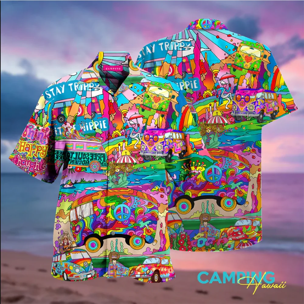 

Hippie Camping Summer Hawaiian Beach Shirt Free Shipping Fashion 3D Customized Logo Printed Short Sleeve Casual Men Clothing