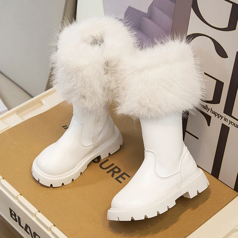 

New Children High Boots Plush Cotton Sweet Princess Casual Boots White and Black Chic Girls Catwalk Boots for Party Wedding Show