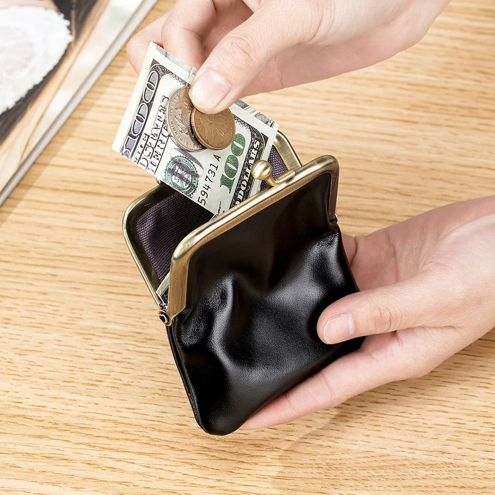 Leather Women Coin Purse Mini Money Clip Wallet Oil Wax Card Holder Lady Lipstick Storage Pocket Kids Money Change Key Earbuds