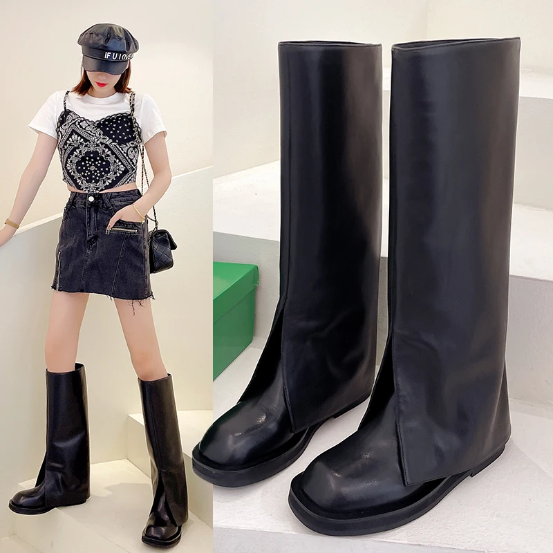 

2022 Winter Women's Boots Fashion Personality Leather Boots Black Flat Casual Trendy Ladies Shoes Handsome Sexy Knight Boots