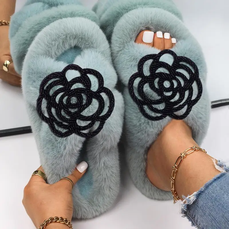 Slippers Women Winter Faux Fur Shoes Women Slides Plush Home Slippers Black Hollow Flowers Indoor House Warm Fur Flats