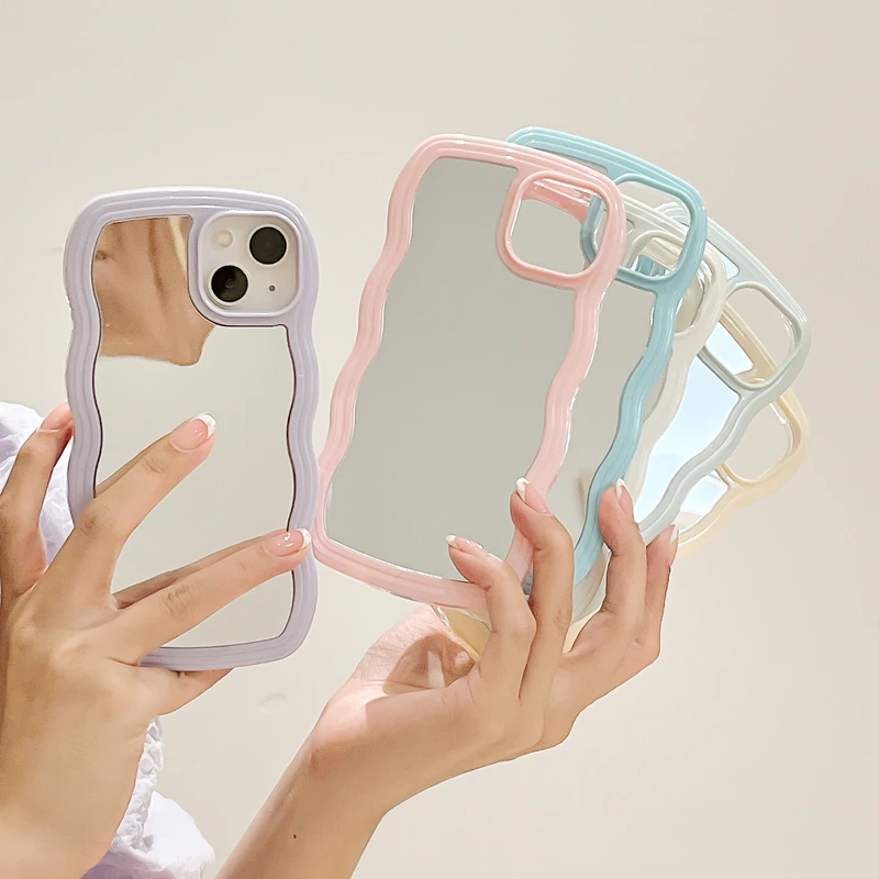 Luxury Candy Colors Wavy Border Makeup Mirror Phone Case For iPhone 11 12 13 Pro Xs Max Xr X Shockproof Protective Cover