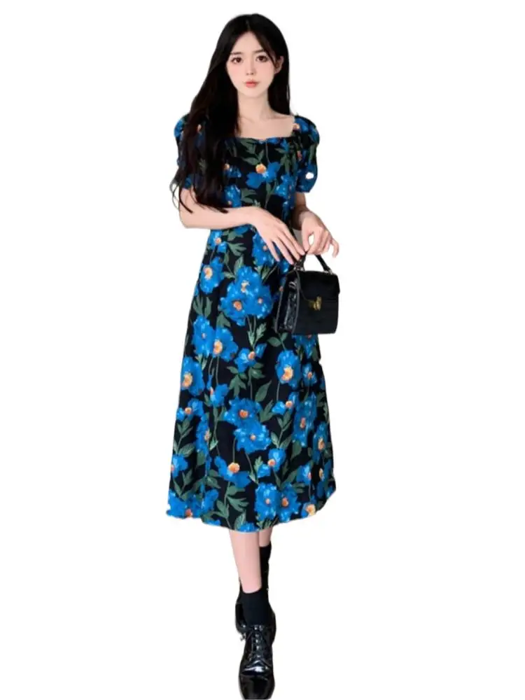 

Women Elegant Sweet Puff Short Sleeve Square Neck Maxi Dress Cotton Blue Print Split Hem Dress Holiday Summer Boho A-Line Dress