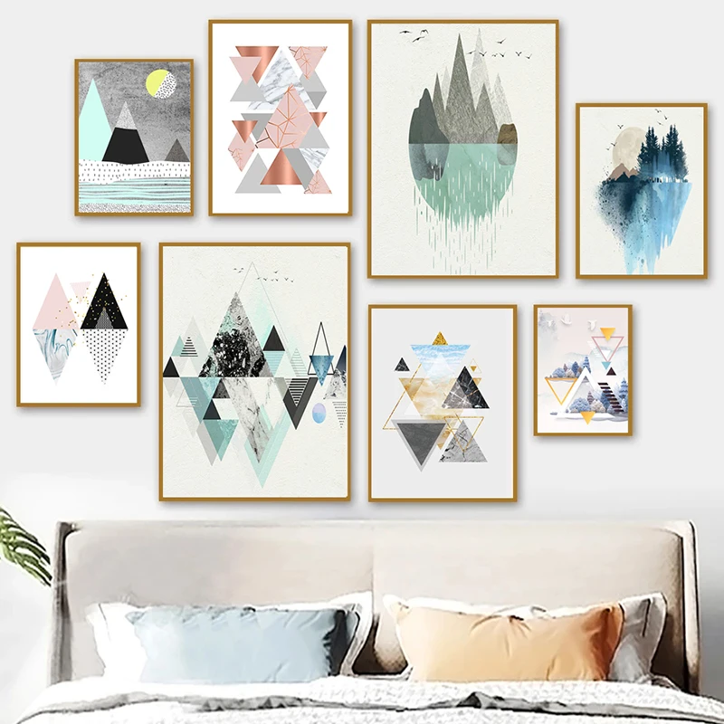 

Абстрактная подвесная картина в скандинавском стиле, треугольный художественный плакат, HD холст, Современная декоративная настенная живоп...