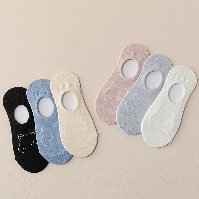 Cartoon Bear Head Cardboard Invisible Adult Silicone Non slip Boat Socks Solid Color Student Anti Slip Socks