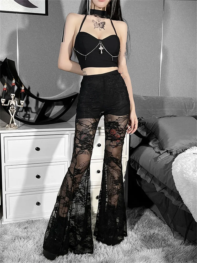 

Gothic Style Women Gauze Mesh Pants Female See-through Sexy Wide Leg Trousers Goth Night Club Wear Egirl Y2k Alt Clothing