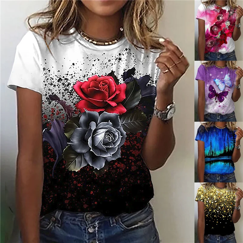 Женская футболка с коротким рукавом круглым вырезом и принтом |