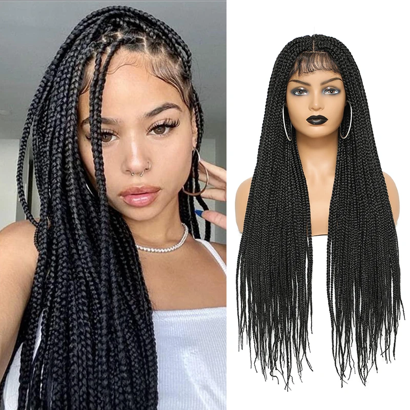 Belle Show 4x4 Lace Front Synthetic Wig Box Braided Long Straight Wigs for Black Women Natural Braiding Wigs Daily