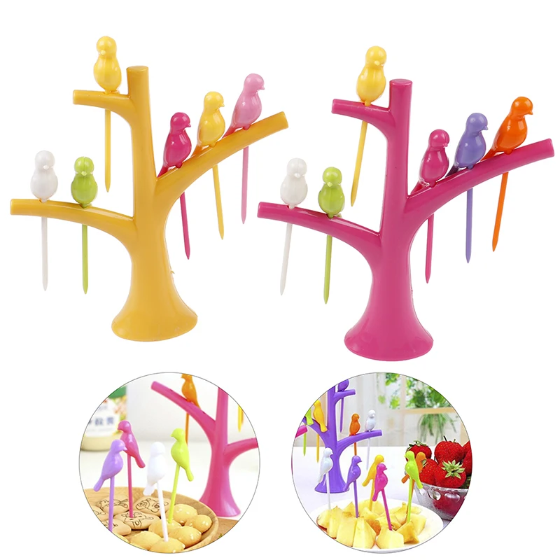 

Creative Food Picks for Kids Plastic Fruit Fork Tree Birds Dessert Fork Set Vegetable Food Cocktail Picks Dinnerware Food Decor