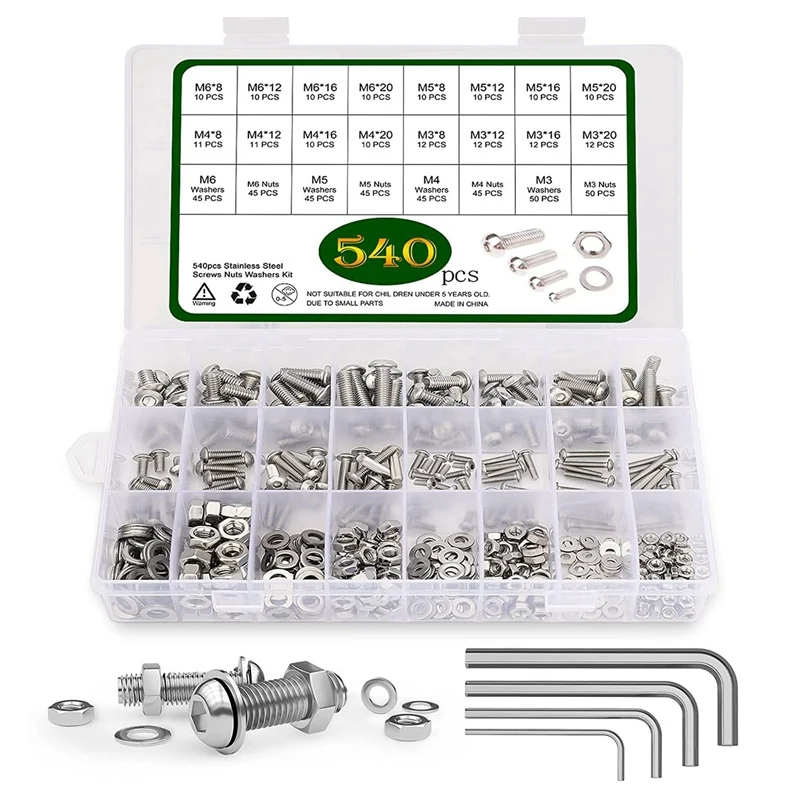 

544 Piece Threaded Machine Screws, Bolts And Nuts Set 304 Stainless Steel M3 M4 M5 M6, Screw Assortment Washer Set