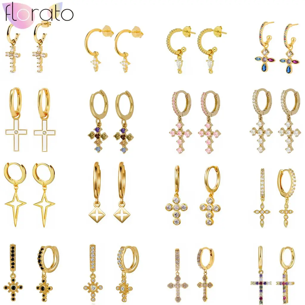 

925 Sterlings Silver Needle Gold Cross Pendant Hoop Earrings For Women Multiple Styles Pave Crystal Cross Charm Earrings Jewelry