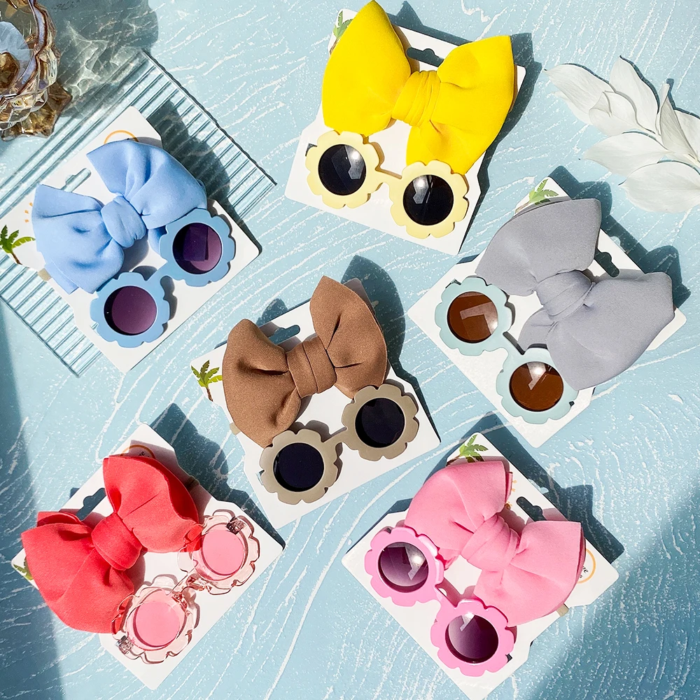 

2Pcs/Set Puff Bow Baby Headband Sunglasses Matte Flower UV400 Sun Glasses Eye Wear Elastic Nylon Hair Bands Seaside Headdress