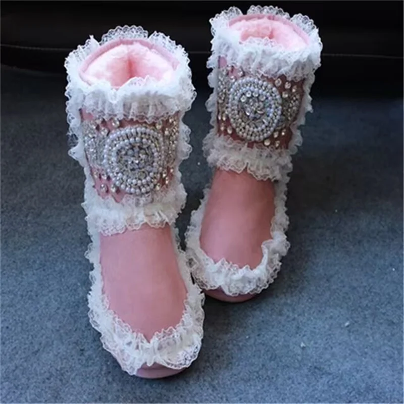 

Зимние теплые сапоги со шнуровкой и жемчугом, индийский цвет, с бархатной подкладкой, классические ручные Пользовательские сапоги до середины икры, женские сапоги 35-40