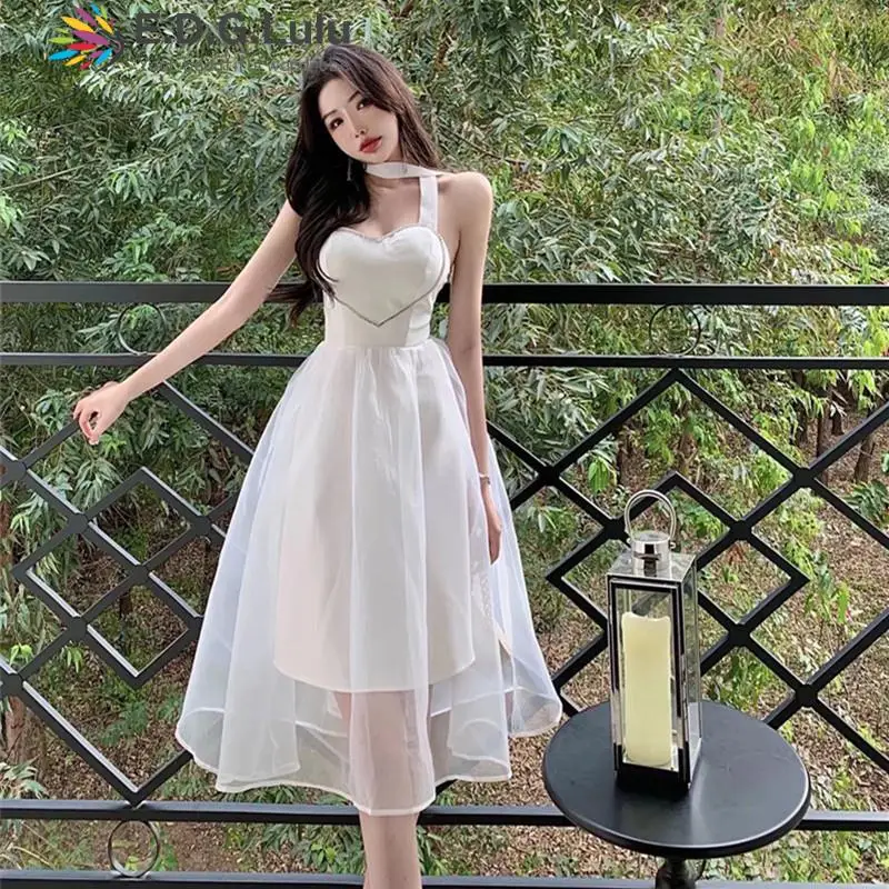 

EDGLuLu 2022 летнее платье без бретелек с цепочкой без рукавов с открытой спиной для дня рождения для женщин Элегантное Вечерние чатое вечернее п...