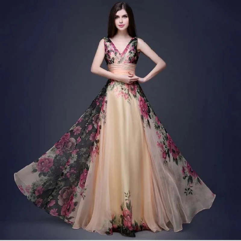 

Женское шифоновое платье в пол, элегантное винтажное платье макси без рукавов с цветочным принтом и V-образным вырезом, лето 2022