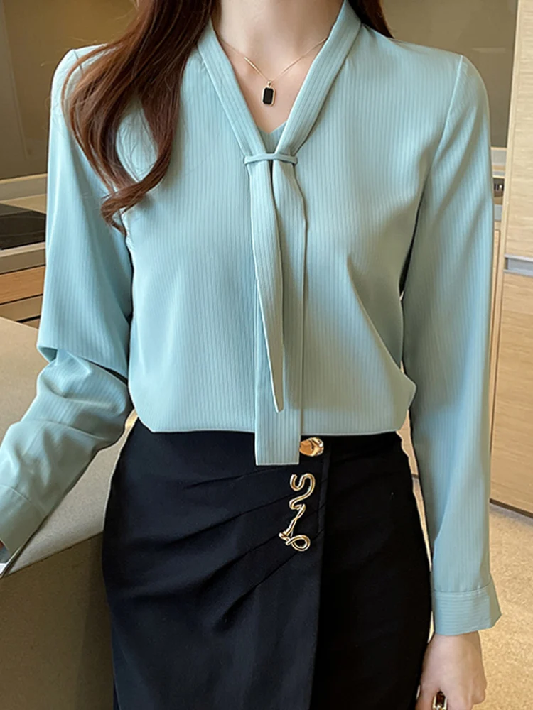 

Blusas Mujer De Moda 2022 Long Sleeve Blouse Women Office Lady V-Neck Chiffon Blouse Shirt Blouses Femme Women Tops Shirts B439