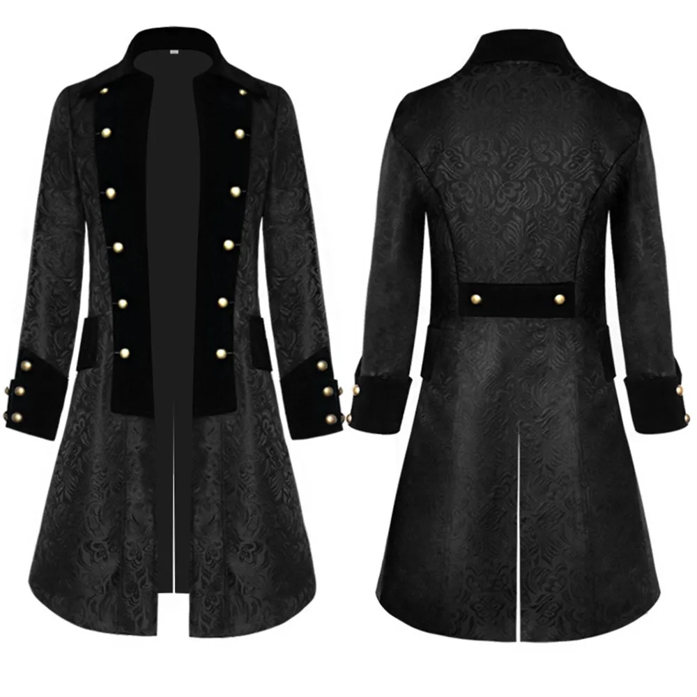 

Men Gothic Steampunk Jacket European Medieval Stand Collar Plain Jacqua Trench Halloween Cosplay Carnival Party Costume Disfraz