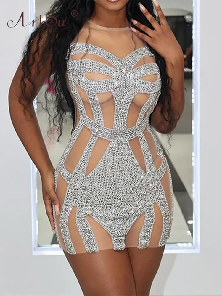 

ArtSu mesh Patchwork Diamond mini Dress Women Summer Elegant Evening Bodycon Sexy Sleeveless Slim Party Prom Dresses ANDYDR2560