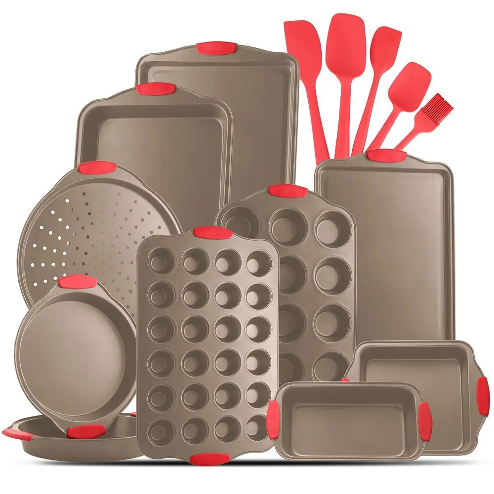 

Bakeware Set - 15 PC Baking Tray Set With Silicone Handles & Utensils - Oven Safe & Carbon Steel Cookie Sheets, Baking Pans, Cak