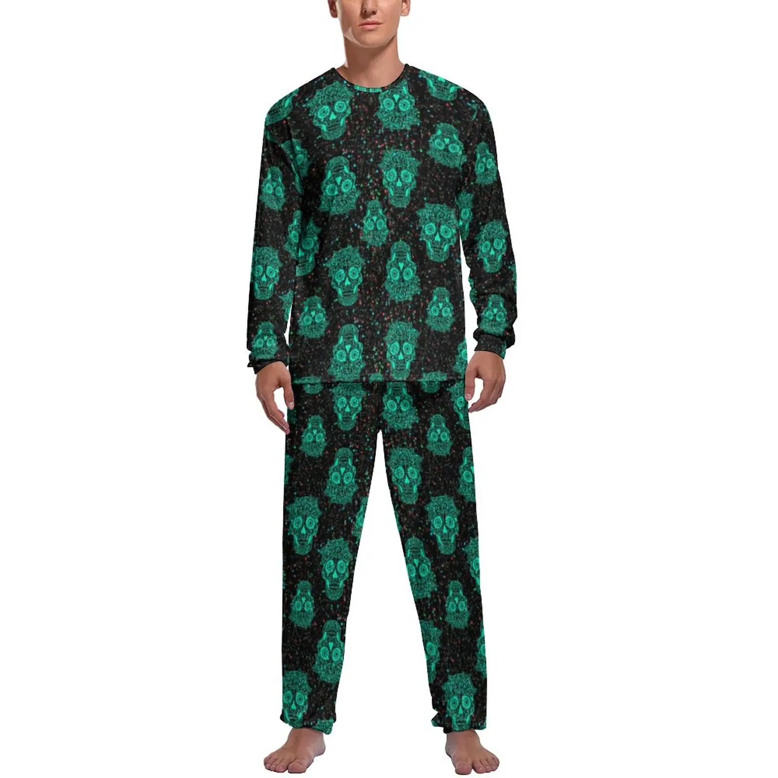Funky Sugar Skull Pajamas Spring 2 Pieces Colorful Dots Print Cute Pajama Sets Man Long Sleeve Casual Graphic Sleepwear