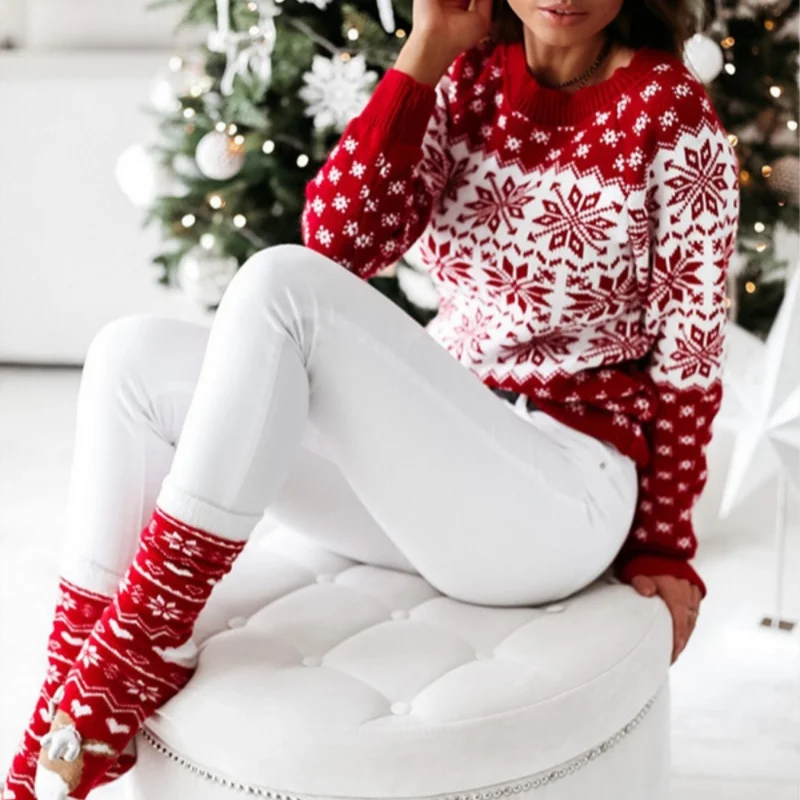 Женский вязаный пуловер с принтом Санта-Клауса