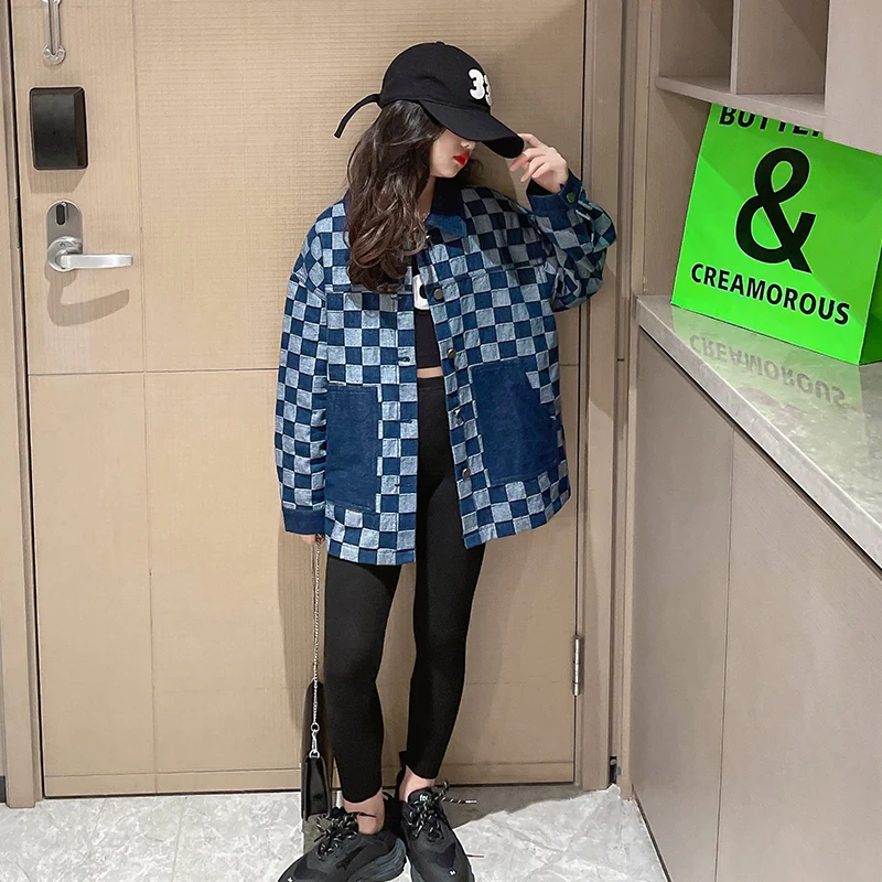 

Girls children's clothing stitching denim coat spring and autumn jacket children's clothing fashion coat free delivery