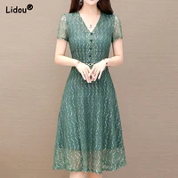 green v neck button elegant fashion slim gauze short sleeve dignified a line skirt solid color dresses womens clothing 2022