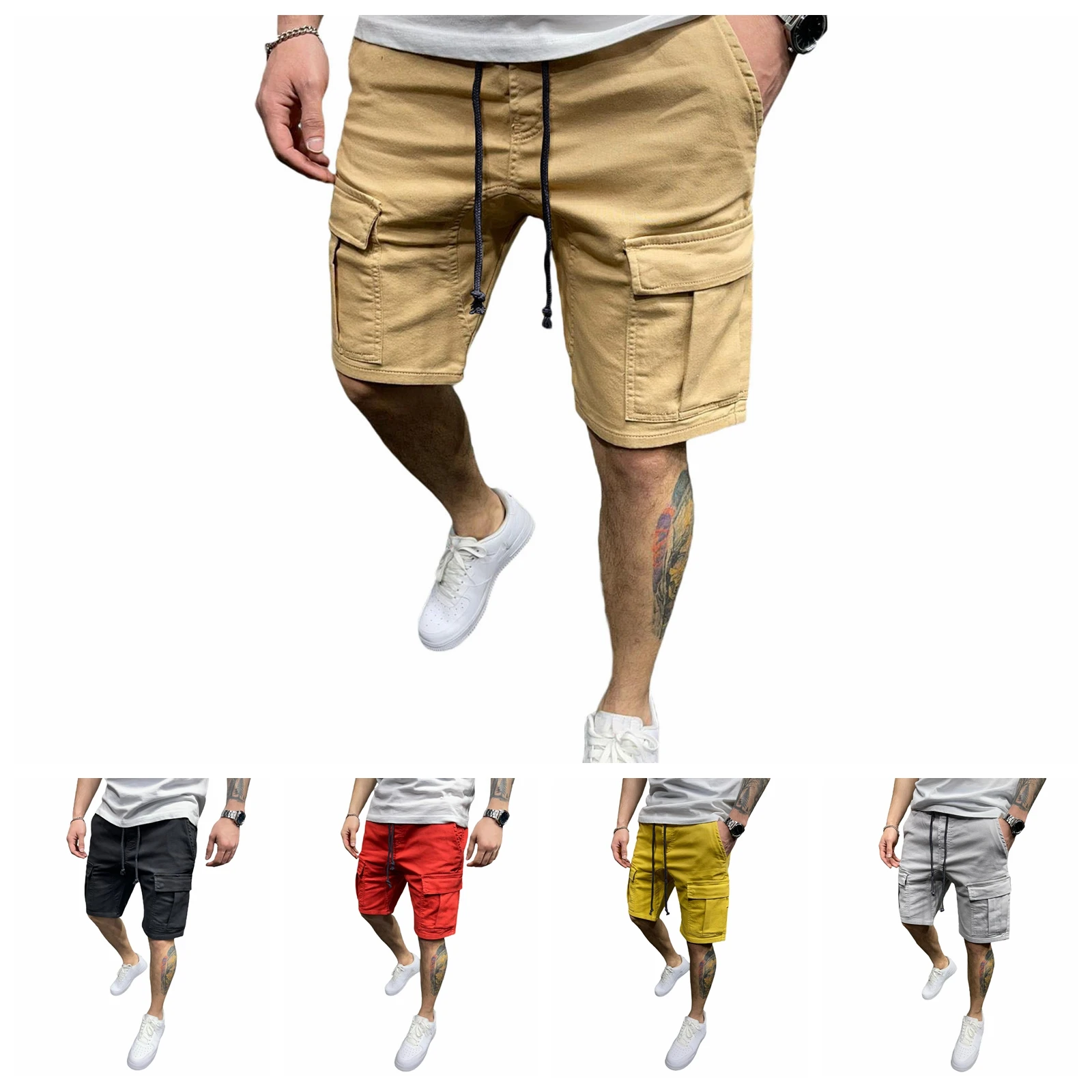 

Мужские повседневные шорты 2022, модные однотонные штаны со шнуровкой и карманами, спортивный костюм со средней талией