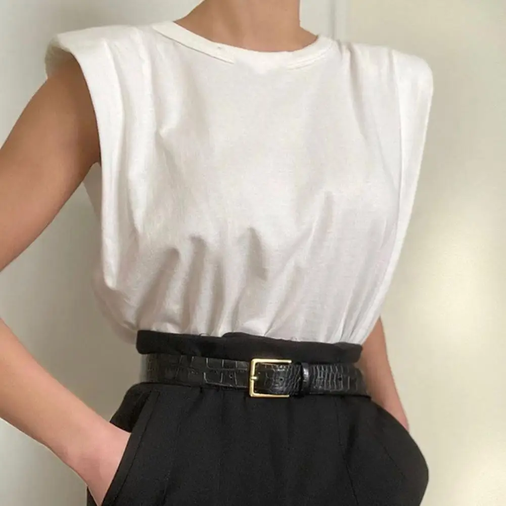 

Women Padded Shoulder Vest Solid Color O-Neck Sleeveless Loose Top Office Lady Pullover Retro T-shirt Ladies Elegant Clothing