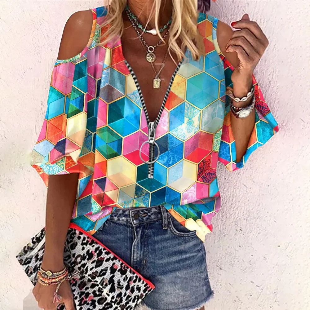 

Pullover Printed Deep V-neck Zipper Off-shoulder Loose Casual Shirt Summer Chiffon Irregular Design Top For Women's Clothing